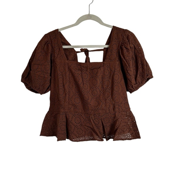 Band of the Free Brown Palmer Eyelet Boho Peplum Stretch Top Womens Sz Large NWT - Picture 3 of 13
